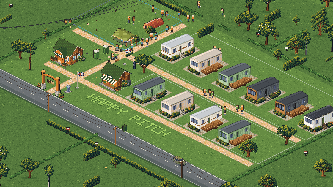 Happy Pitch Tycoon in motion: guests walking between tents, static caravans with timber decks, and HAPPY PITCH mown into the grass by the lane