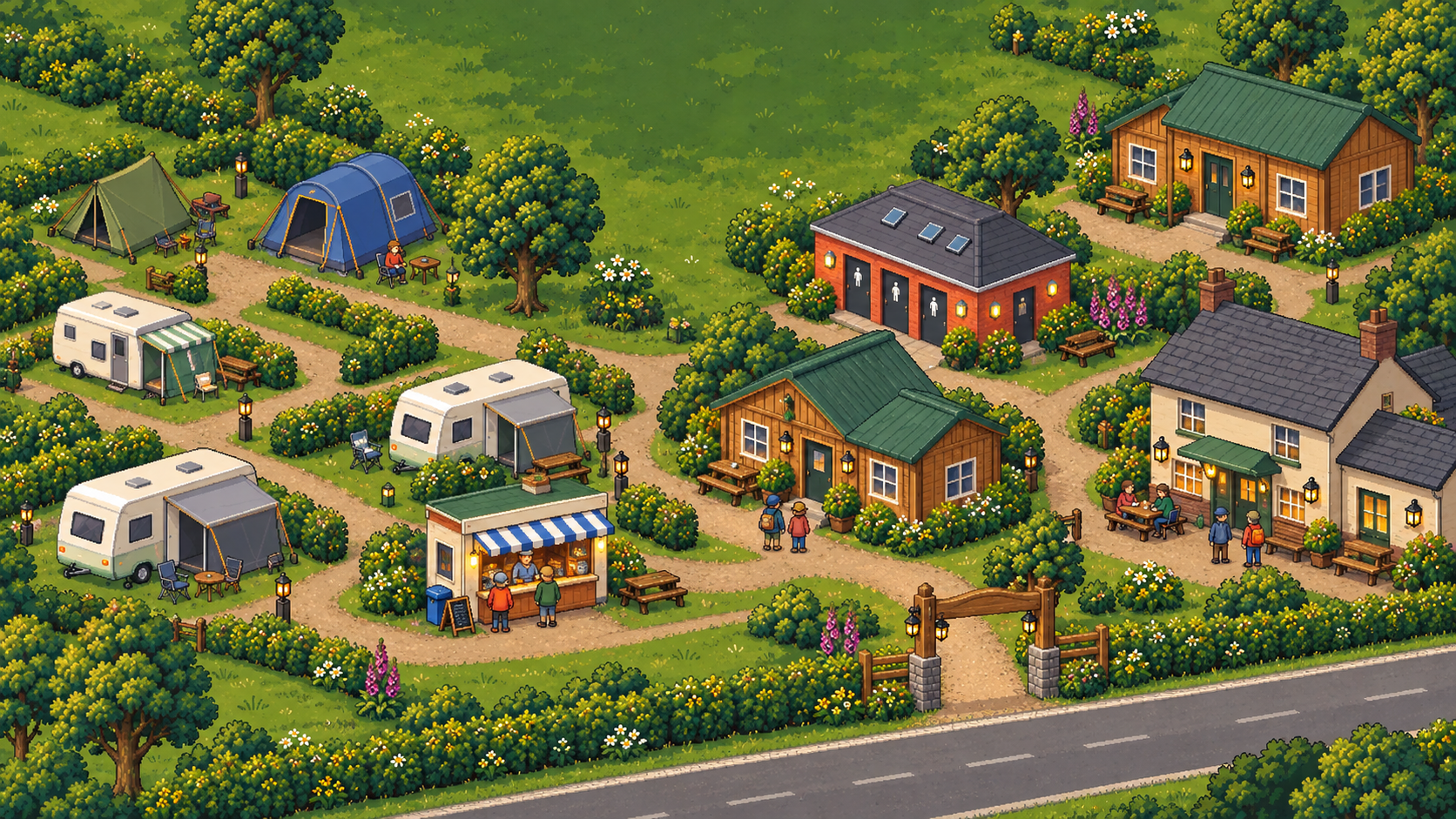 Pixel-art view of the holiday park, with tents, caravans, cabins, a burger van and the entrance road